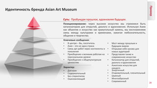 Пример
28
Идентичность бренда Asian Art Museum
Суть: Пробуждая прошлое, вдохновляя будущее.
Позиционирование: через высокое искусство мы стремимся быть
катализатором для открытий, диалога и вдохновения. Используя Азию
как объектив и искусство как краеугольный камень, мы воспламеняем
связь между культурами и временами, зажигая любознательность,
общение и творчество.
Ключевые сообщения:
• В центре – Вы, посетитель
• Азия – это не одна страна
• Связь арт работ через континенты и
поколения
• Приобщение к великим работам на
персональном уровне
• Приобщение к общекультурным
ценностям
• Мост между прошлым и
будущим миром
• Открывая себя заново для
новых аудиторий
• Представляя также и
современное искусство
• Катализатор для открытий,
диалога и вдохновения
• Азиатское искусство для
каждого
• Для всех
• Содержательный
• Без стереотипов
• Ошеломляющий
• Энергичный
• Очаровательный, пленительный
• Шумный
• Многообразный
• Современный
Характер:
 