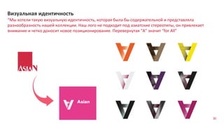 30
“Мы хотели такую визуальную идентичность, которая была бы содержательной и представляла
разнообразность нашей коллекции. Наш лого не подходит под азиатские стереотипы, он привлекает
внимание и четко доносит новое позиционирование. Перевернутая “А” значит “for All”
Визуальная идентичность
 
