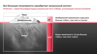 Pinterest – самая быстрорастущая социальная сеть в Мире, уступающая только Facebook
Все большую популярность приобретает визуальный контент
Изображения привлекают в два раза
больше «Likes», чем текст и ссылки
Видео привлекает в 12 раз больше
«Likes», чем текст и фото
х2
х12
Видео
Изображения
Текст
71
 