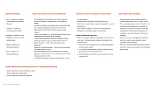 THINGS PARTICIPANT SAID THAT SURPRISED ME:
 THINGS THAT MATTER THE MOST TO PARTICIPANT:
 MAIN THEMES AND LEARNINGS
USERS INTERVIEWED 
OTHER OBSERVATIONS FROM BEING ON SITE AT THE BROOKLYN MUSEUM:
•  Sam - 31 years old - Museum
Expert (Works at the Brooklyn
Museum)

•  Jonathan - 40 years old -
Tourist visiting from Miami

•  Margaret - 59 years old - from
Manhattan - Museum member
and enthusiast

•  Morgan - 28 years old -
Millennial Brooklynite

•  Cindy - 26 years old -
Manhattan Millennial
•  Some people prefer being alone when visiting museums.
•  Artists’ and Museums’ Instagrams are HUGE triggers for
visitors.
•  The MET is constantly mentioned as being really stressful and
busy. Crowds and people running around. It’s horrible.
•  Most people don’t plan their visit prior to going to a big
museum.
•  “When I visit museums, I try not to see the whole thing. I like to
spend time with a couple of things and reﬂect.”
•  “I visit museums because I can’t learn about the world any
other way. Is the only way I can make sense of history or
politics or culture… I trust artists to see what’s really
happening.”
•  People don’t download the app - “I should have downloaded
the museum app but I didn’t…”
•  “Once my teacher told me: Don’t judge the art. Let the art
judge you. You just came to be here. This art piece comes from
a long succession of events.”
•  “I remember the emotion of seeing a Picasso for the 1st time”
•  Overall sentiment that you should be going to
museums more often to stay up to date. (FOMO)
•  The more background you have on the artist or the
art work the more people enjoy / remember an
experience. Example of a Kandinsky exhibit that
presented the artist process and sketches, and
revealed the work only at the end - This build is
important.
•  Museum crowds are the biggest pain points, but
even with crowds, visiting museums is never
considered a bad experience.
•  Shows are more memorable than individual pieces
and artists. Everyone has a hard time remembering
artists names.
•  An inviting space.
•  Personalization and visiting guides that stay with you.
•  Smaller size museums that are easier to navigate and you don’t
get burnt out.
•  When the show helps you to make connections seamless.
•  Bringing the history that you learn in school to life.

FROM THE MUSEUM SPECIALIST:
•  What are the biggest challenge to get people to visit museums
more often? Feeling welcomed, whatever that means for the
individual visitor.
1.  If you don’t have a background in art, is the language going
to make you feel stupid?
2.  If it’s a person with disabilities, does the museum have the
appropriate materials to welcome them?
3.  Is the staﬀ going to be friendly if you’re a person of color or
a queer person?
•  A lot of older folks are there with family or alone.
•  A lot of people with special needs. 
•  A lot of people with babies and young kids.
Source: Proprietary Research
 