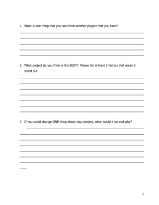 1. What is one thing that you saw from another project that you liked?
_________________________________________________________________________
_________________________________________________________________________
_________________________________________________________________________
_________________________________________________________________________
_________________________________________________________________________


2. What project do you think is the BEST? Please list at least 2 factors that made it
   stand out.
_________________________________________________________________________
_________________________________________________________________________
_________________________________________________________________________
_________________________________________________________________________
_________________________________________________________________________
_________________________________________________________________________
_________________________________________________________________________


3. If you could change ONE thing about your project, what would it be and why?
       _____________________________________________________________________
_________________________________________________________________________
_________________________________________________________________________
_________________________________________________________________________
_________________________________________________________________________
_________________________________________________________________________
_________________________________________________________________________
____




                                                                                        6
 