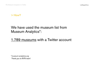 The Museum ecosystem on Twitter

> How?

We have used the museum list from
Museum Analytics*:

Conclusions

*museum-analytics.org
Thank you to INTK team!

The study

Introduction

1.789 museums with a Twitter account

 