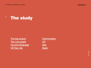 The Museum ecosystem on Twitter

Communities
UK
Italy
Spain

The study

The big picture
The core graph
Country/language
UK Key role

Introduction

The study

Conclusions

2

 