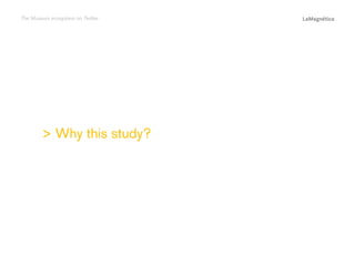 The Museum ecosystem on Twitter

Conclusions

The study

Introduction

> Why this study?

 