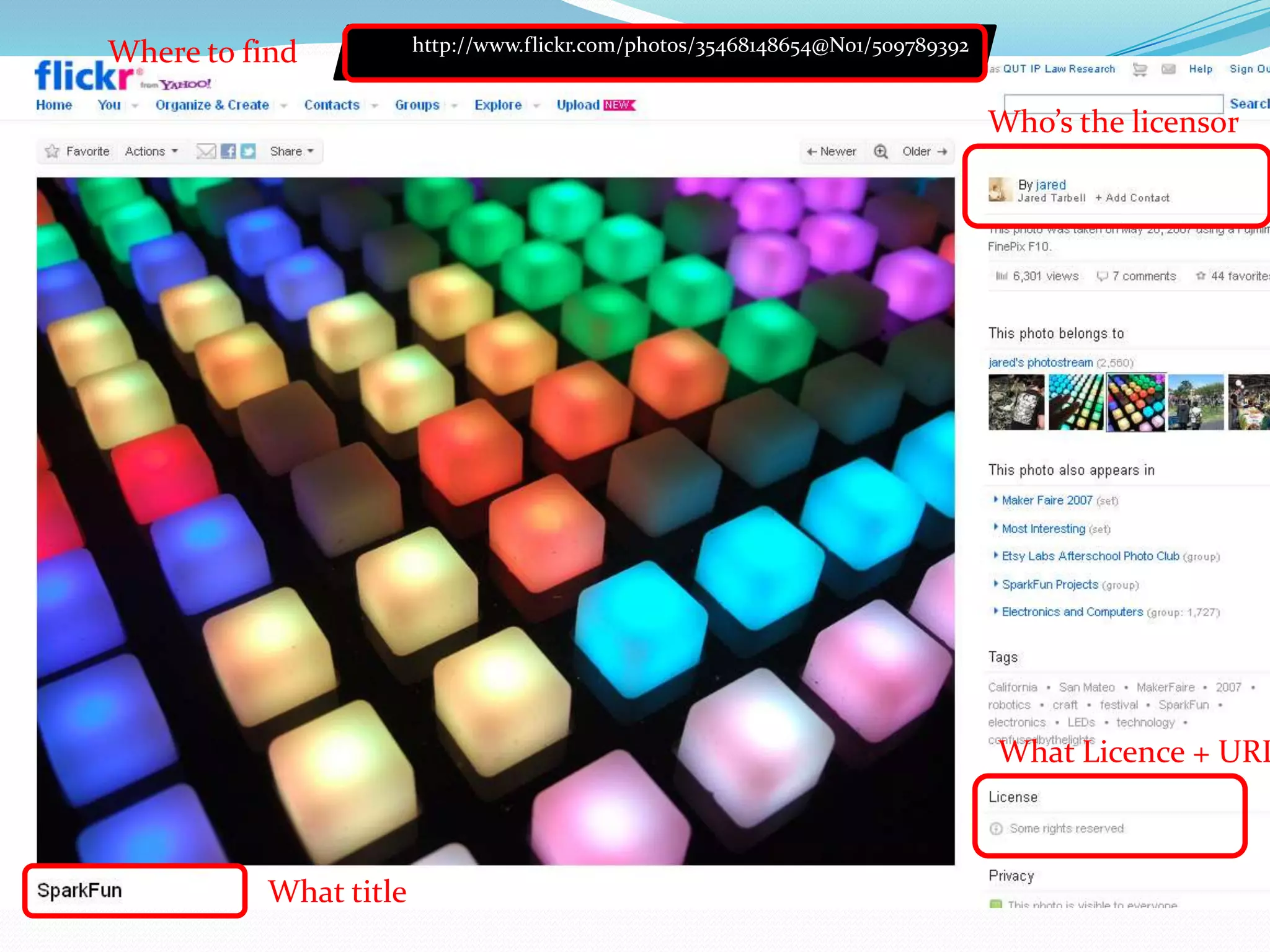 http://www.flickr.com/photos/35468148654@N01/509789392
What Licence + URL
What title
Who’s the licensor
Where to find
 