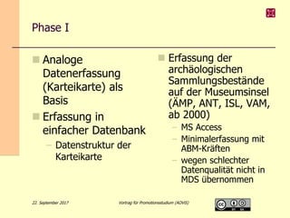 Phase I
 Analoge
Datenerfassung
(Karteikarte) als
Basis
 Erfassung in
einfacher Datenbank
– Datenstruktur der
Karteikarte
 Erfassung der
archäologischen
Sammlungsbestände
auf der Museumsinsel
(ÄMP, ANT, ISL, VAM,
ab 2000)
– MS Access
– Minimalerfassung mit
ABM-Kräften
– wegen schlechter
Datenqualität nicht in
MDS übernommen
22. September 2017 Vortrag für Promotionsstudium (AOViS)
 