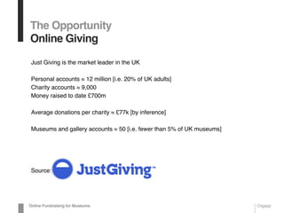 The Opportunity
Online Giving
Just Giving is the market leader in the UK
Personal accounts ≈ 12 million [i.e. 20% of UK adults]
Charity accounts ≈ 9,000
Money raised to date £700m
Average donations per charity ≈ £77k [by inference]
Museums and gallery accounts ≈ 50 [i.e. fewer than 5% of UK museums]
Source:
Online Fundraising for Museums Cogapp
 