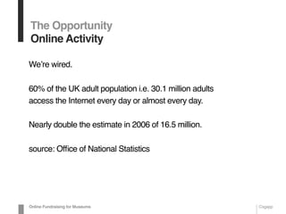 The Opportunity
Online Activity
Weʼre wired.
60% of the UK adult population i.e. 30.1 million adults
access the Internet every day or almost every day.
Nearly double the estimate in 2006 of 16.5 million.
source: Ofﬁce of National Statistics
Online Fundraising for Museums Cogapp
 