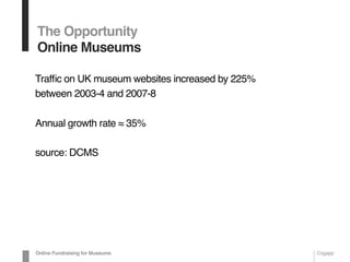 The Opportunity
Online Museums
Trafﬁc on UK museum websites increased by 225%
between 2003-4 and 2007-8
Annual growth rate ≈ 35%
source: DCMS
Online Fundraising for Museums Cogapp
 