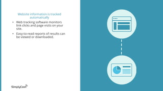 Website information is tracked
automatically
• Web tracking software monitors
link clicks and page visits on your
site.
• Easy-to-read reports of results can
be viewed or downloaded.
 