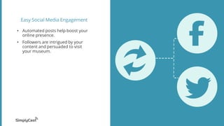 Easy Social Media Engagement
• Automated posts help boost your
online presence.
• Followers are intrigued by your
content and persuaded to visit
your museum.
 