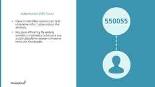 Automated SMS Tours
• Have shortcodes visitors can text
to receive information about the
exhibits.
• Increase efficiency by writing
answers in advance to be sent out
automatically whenever someone
texts the shortcode.
 