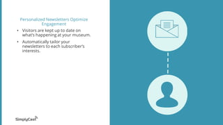 Personalized Newsletters Optimize
Engagement
• Visitors are kept up to date on
what’s happening at your museum.
• Automatically tailor your
newsletters to each subscriber’s
interests.
 