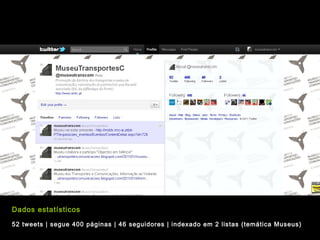 Dados estatísticos

52 tweets | segue 400 páginas | 46 seguidores | indexado em 2 listas (temática Museus)
 