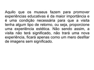 Aquilo que os museus fazem para promover experiências educativas é da maior importância e é uma condição necessária para que a visita tenha algum tipo de retorno, ou seja, proporcione uma experiência estética. Não sendo assim, a visita não terá significado, não trará uma nova experiência, ficará apenas como um mero desfilar de imagens sem significado. 