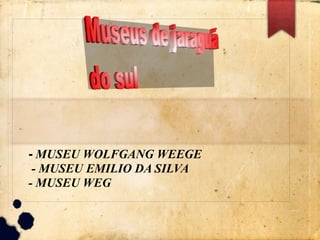 - MUSEU WOLFGANG WEEGE 
- MUSEU EMILIO DA SILVA 
- MUSEU WEG 
 