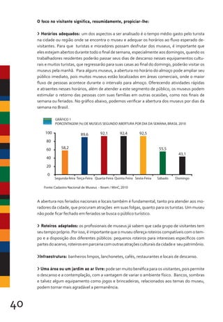 40
O foco no visitante significa, resumidamente, propiciar-lhe:
> Horários adequados: um dos aspectos a ser analisado é o tempo médio gasto pelo turista
na cidade ou região onde se encontra o museu e adequar os horários ao fluxo esperado de-
visitantes. Para que turistas e moradores possam desfrutar dos museus, é importante que
eles estejam abertos durante todo o final de semana, especialmente aos domingos, quando os
trabalhadores residentes poderão passar seus dias de descanso nesses equipamentos cultu-
rais e muitos turistas, que regressarão para suas casas ao final do domingo, poderão visitar os
museus pela manhã. Para alguns museus, a abertura no horário do almoço pode ampliar seu
público imediato, pois muitos museus estão localizados em áreas comerciais, onde o maior
fluxo de pessoas acontece durante o intervalo para almoço. Oferecendo atividades rápidas
e atraentes nesses horários, além de atender a este segmento de público, os museus podem
estimular o retorno das pessoas com suas famílias em outras ocasiões, como nos finais de
semana ou feriados. No gráfico abaixo, podemos verificar a abertura dos museus por dias da
semana no Brasil.
Fonte:Cadastro Nacional de Museus - Ibram / MinC,2010
GRÁFICO 1
PORCENTAGEM (%) DE MUSEUS SEGUNDO ABERTURA POR DIA DA SEMANA,BRASIL 2010
100
80
60
40
20
0
Segunda-feira Terça-Feira Quarta-Feira Quinta-Feira Sexta-Feira Sábado Domingo
58,2
89,6 92,1 92,4 92,5
55,5
43,1
A abertura nos feriados nacionais e locais também é fundamental, tanto pra atender aos mo-
radores da cidade, que procuram atrações em suas folgas, quanto para os turistas. Um museu
não pode ficar fechado em feriados se busca o público turístico.
> Roteiros adaptados: os profissionais de museus já sabem que cada grupo de visitantes tem
seu tempo próprio. Por isso, é importante que o museu ofereça roteiros compatíveis com o tem-
po e a disposição dos diferentes públicos: pequenos roteiros para interesses específicos com
partesdoacervo,roteirosemparceriacomoutrasatraçõesculturaisdacidadee seupatrimônio.
>Infraestrutura: banheiros limpos, lanchonetes, cafés, restaurantes e locais de descanso.
> Uma área ou um jardim ao ar livre: pode ser muito benéfica para os visitantes, pois permite
o descanso e a contemplação, com a vantagem de variar o ambiente físico. Bancos, sombras
e talvez algum equipamento como jogos e brincadeiras, relacionados aos temas do museu,
podem tornar mais agradável a permanência.
 