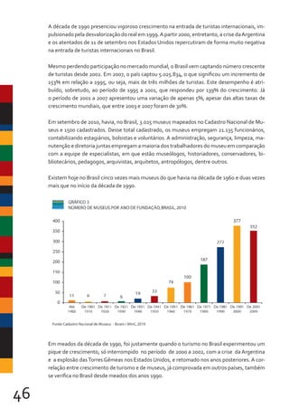 46
A década de 1990 presenciou vigoroso crescimento na entrada de turistas internacionais, im-
pulsionado pela desvalorização do real em 1999.A partir 2000, entretanto, a crise daArgentina
e os atentados de 11 de setembro nos Estados Unidos repercutiram de forma muito negativa
na entrada de turistas internacionais no Brasil.
Mesmo perdendo participação no mercado mundial, o Brasil vem captando número crescente
de turistas desde 2002. Em 2007, o país captou 5.025.834, o que significou um incremento de
153% em relação a 1995, ou seja, mais de três milhões de turistas. Este desempenho é atri-
buído, sobretudo, ao período de 1995 a 2001, que respondeu por 139% do crescimento. Já
o período de 2001 a 2007 apresentou uma variação de apenas 5%, apesar das altas taxas de
crescimento mundiais, que entre 2003 e 2007 foram de 30%.
Em setembro de 2010, havia, no Brasil, 3.025 museus mapeados no Cadastro Nacional de Mu-
seus e 1500 cadastrados. Desse total cadastrado, os museus empregam 21.135 funcionários,
contabilizando estagiários, bolsistas e voluntários. A administração, segurança, limpeza, ma-
nutenção e diretoria juntas empregam a maioria dos trabalhadores do museu em comparação
com a equipe de especialistas, em que estão museólogos, historiadores, conservadores, bi-
bliotecários, pedagogos, arquivistas, arquitetos, antropólogos, dentre outros.
Existem hoje no Brasil cinco vezes mais museus do que havia na década de 1960 e duas vezes
mais que no início da década de 1990.
Em meados da década de 1990, foi justamente quando o turismo no Brasil experimentou um
pique de crescimento, só interrompido no período de 2000 a 2002, com a crise da Argentina
e a explosão dasTorres Gêmeas nos Estados Unidos, e retomado nos anos posteriores. A cor-
relação entre crescimento de turismo e de museus, já comprovada em outros países, também
se verifica no Brasil desde meados dos anos 1990.
 
