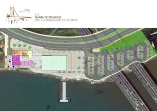 30x0.182
=5.450
1
2
3
4
5
6
7
8
9
10
11
12
13
14
15
16
17
18
19
20
21
22
23
24
25
26
27
28
29
30
sala de
actividades
loja loja
recepção
café/restaurante
armazém geral
vest/i.s.
masc.
loja
vest./i.s.
fem.
seg. museu
átrio
cozinha
copa
circulação / exposição temporária
33 x 0.174 = 5.750
1
2
3
4
5
6
7
8
9
10
11
12
13
14
15
16
17
18
19
20
21
22
23
24
25
26
27
28
29
30
31
32
33
exposição
3.2.
PLANTA DE SITUAÇÃO
PISO 0 + PARQUEAMENTO EXTERIOR
 