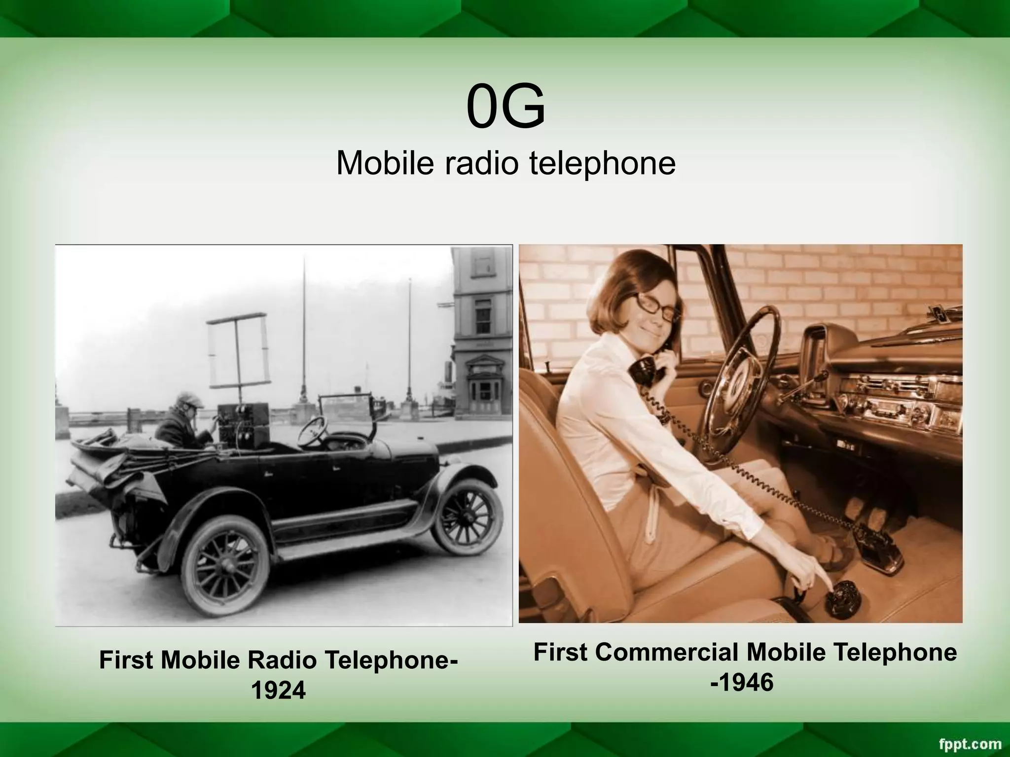 0G
Mobile radio telephone
First Mobile Radio Telephone-
1924
First Commercial Mobile Telephone
-1946
 