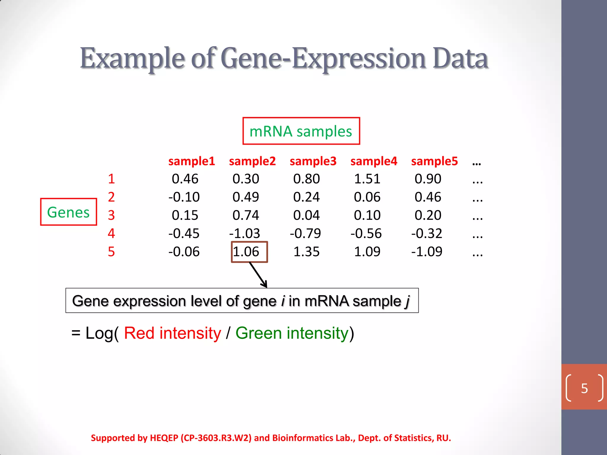 Example of Gene-Expression Data
Supported by HEQEP (CP-3603.R3.W2) and Bioinformatics Lab., Dept. of Statistics, RU.
5
Genes
mRNA samples
sample1 sample2 sample3 sample4 sample5 …
1 0.46 0.30 0.80 1.51 0.90 ...
2 -0.10 0.49 0.24 0.06 0.46 ...
3 0.15 0.74 0.04 0.10 0.20 ...
4 -0.45 -1.03 -0.79 -0.56 -0.32 ...
5 -0.06 1.06 1.35 1.09 -1.09 ...
Gene expression level of gene i in mRNA sample j
= Log( Red intensity / Green intensity)
 