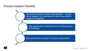 Process Inception Checklist
© 2018 Intralinks, Inc. l All Rights Reserved l 13
Use special tickets to track vulnerabilities – it takes
some research to understand at which layer the fix
needs to be applied
Get stakeholder commitment to fix Critical issues
immediately
Get commitment to patch 3-rd party components
 