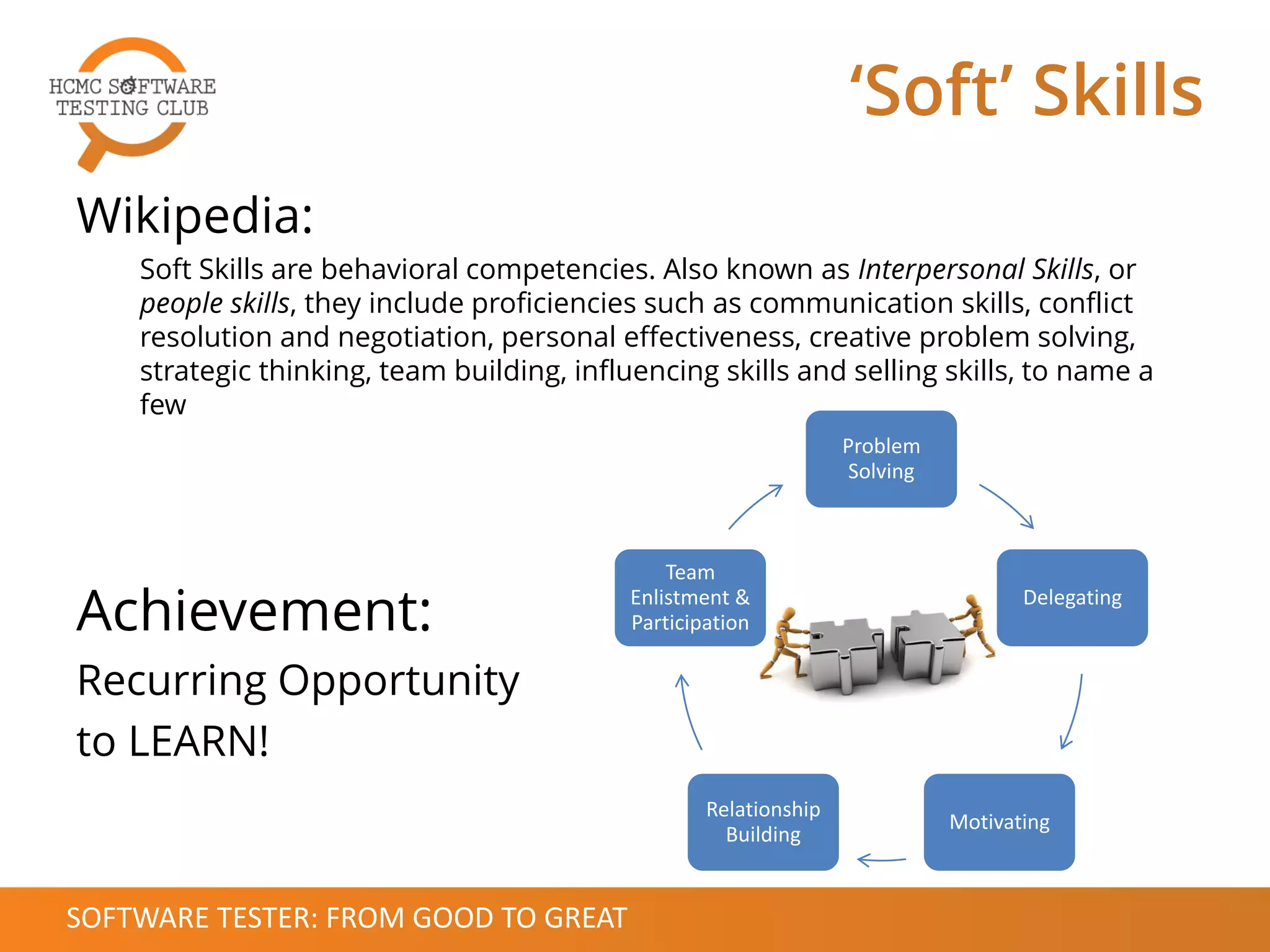 Wikipedia:
Soft Skills are behavioral competencies. Also known as Interpersonal Skills, or
people skills, they include proficiencies such as communication skills, conflict
resolution and negotiation, personal effectiveness, creative problem solving,
strategic thinking, team building, influencing skills and selling skills, to name a
few
Achievement:
Recurring Opportunity
to LEARN!
‘Soft’ Skills
SOFTWARE TESTER: FROM GOOD TO GREAT
Problem
Solving
Delegating
Motivating
Relationship
Building
Team
Enlistment &
Participation
 