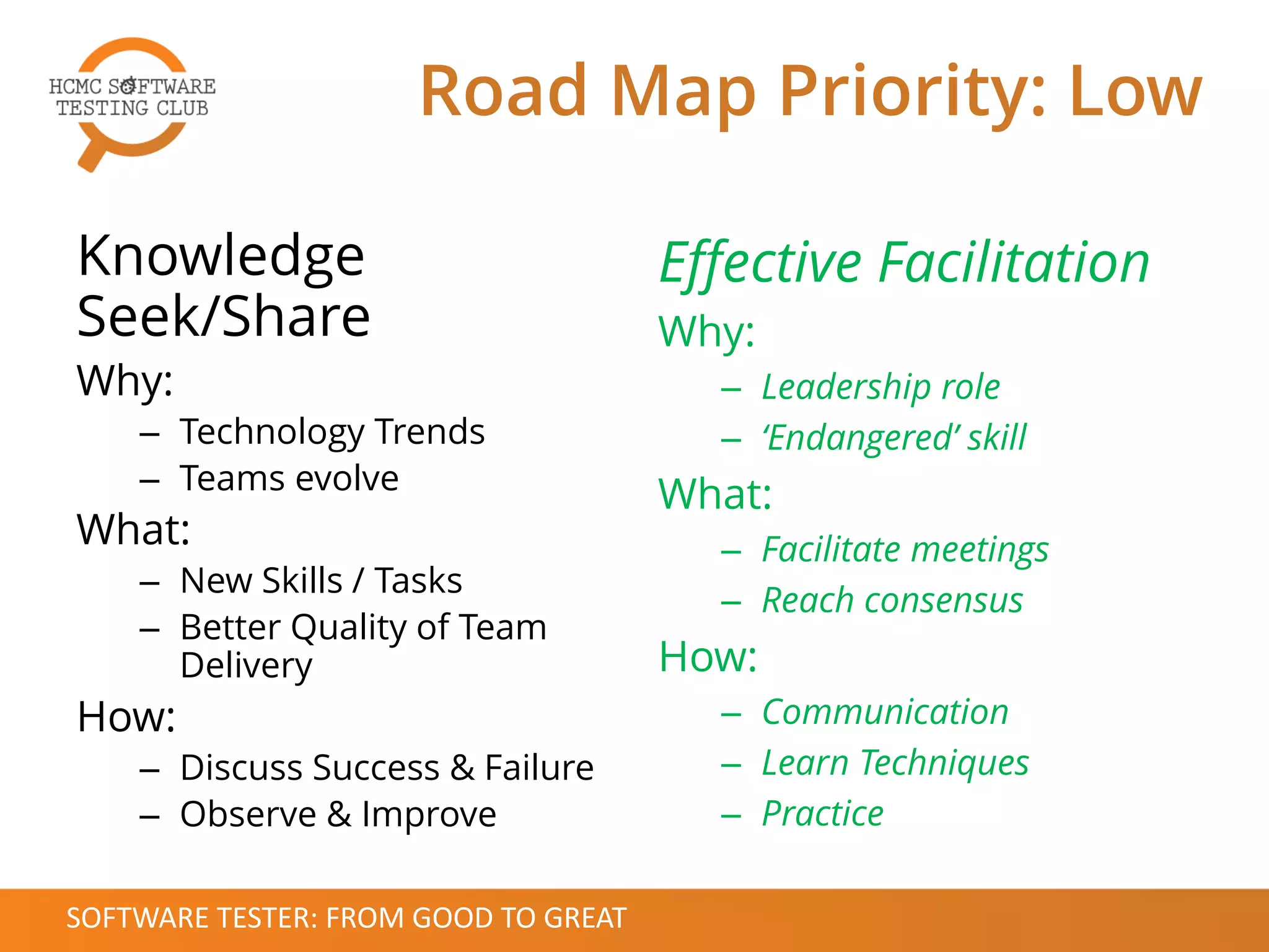 Knowledge
Seek/Share
Why:
– Technology Trends
– Teams evolve
What:
– New Skills / Tasks
– Better Quality of Team
Delivery
How:
– Discuss Success & Failure
– Observe & Improve
Effective Facilitation
Why:
– Leadership role
– ‘Endangered’ skill
What:
– Facilitate meetings
– Reach consensus
How:
– Communication
– Learn Techniques
– Practice
Road Map Priority: Low
SOFTWARE TESTER: FROM GOOD TO GREAT
 