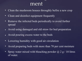 ment
•
•
•
•
•
•
•
•
Clean the mushroom houses throughly befire a new crop
Clean and disinfect equipment frequently
Remove the infected beds periodically to avoid further
spread
Avoid using damaged and old straw for bed preparation
Avoid pouring excess water to the beds
Lowering humidity with good air circulation
Avoid preparing beds with more than 70 per cent moisture
Spray water mixed with bleaching powder @ 2 g / 10 litres
of water.
 