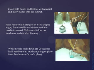 Project
Natural
Farming
Clean both hands and bottles with alcohol
and insert hands into the cabinet.
Hold needle with 2 fingers in a 45o-degree
angle, flame needle to disinfect until the
needle turns red. Make sure it does not
touch any surface after flaming
While needle cools down (15-20 seconds -
hold needle not to touch anything or place
it on the clean surface of a glass).
 