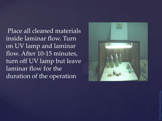 Project
Natural
Farming
Place all cleaned materials
inside laminar flow. Turn
on UV lamp and laminar
flow. After 10-15 minutes,
turn off UV lamp but leave
laminar flow for the
duration of the operation
 
