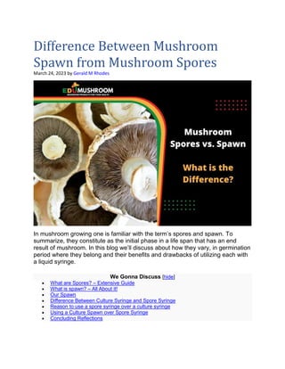 Difference Between Mushroom
Spawn from Mushroom Spores
March 24, 2023 by Gerald M Rhodes
In mushroom growing one is familiar with the term’s spores and spawn. To
summarize, they constitute as the initial phase in a life span that has an end
result of mushroom. In this blog we’ll discuss about how they vary, in germination
period where they belong and their benefits and drawbacks of utilizing each with
a liquid syringe.
We Gonna Discuss [hide]
 What are Spores? – Extensive Guide
 What is spawn? – All About it!
 Our Spawn
 Difference Between Culture Syringe and Spore Syringe
 Reason to use a spore syringe over a culture syringe
 Using a Culture Spawn over Spore Syringe
 Concluding Reflections
 