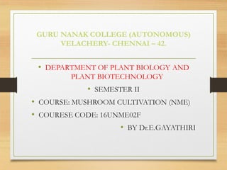 GURU NANAK COLLEGE (AUTONOMOUS)
VELACHERY- CHENNAI – 42.
• DEPARTMENT OF PLANT BIOLOGY AND
PLANT BIOTECHNOLOGY
• SEMESTER II
• COURSE: MUSHROOM CULTIVATION (NME)
• COURESE CODE: 16UNME02F
• BY Dr.E.GAYATHIRI
 