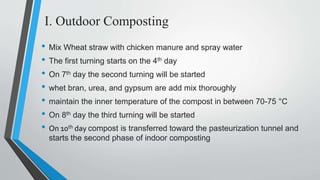I. Outdoor Composting
• Mix Wheat straw with chicken manure and spray water
• The first turning starts on the 4th day
• On 7th day the second turning will be started
• whet bran, urea, and gypsum are add mix thoroughly
• maintain the inner temperature of the compost in between 70-75 °C
• On 8th day the third turning will be started
• On 10th day compost is transferred toward the pasteurization tunnel and
starts the second phase of indoor composting
 