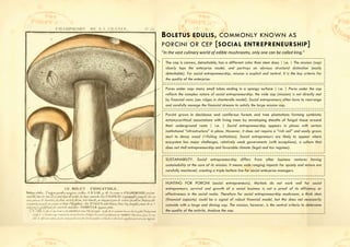 B OLETUS EDULIS , COMMONLY KNOWN AS
PORCINI OR CEP [ SOCIAL ENTREPRENEURSHIP ]
“In the vast culinary world of edible mushrooms, only one can be called king.”

  The cap is convex, detachable, has a different color than stem does | i.e. | The mission (cap)
  clearly tops the enterprise model, and portrays an obvious structural distinction (easily
  detachable). For social entrepreneurship, mission is explicit and central. It is the key criteria for
  the quality of the enterprise.

  Pores under cap: many small tubes ending in a spongy surface | i.e. | Pores under the cap
  reflects the complex nature of social entrepreneurship: the wide cap (mission) is not directly met
  by financial veins (see ridges in chanterelle model). Social entrepreneurs often have to rearrange
  and carefully manage the financial streams to satisfy the large mission cap.

  Porcini grows in deciduous and coniferous forests and tree plantations forming symbiotic
  ectomycorrhizal associations with living trees by enveloping sheaths of fungal tissue around
  their underground roots | i.e. | Social entrepreneurship appears in places with certain
  institutional “infrastructure” in place. However, it does not require a “rich soil” and easily grows
  next to decay wood (=failing institutions). Social entrepreneurs are likely to appear where
  ecosystem has major challenges, relatively weak governments (with exceptions), a culture that
  does not stall entrepreneurship and favorable climate (legal and tax regimes).

  SUSTAINABILITY. Social entrepreneurship differs from other business ventures having
  sustainability at the core of its mission. It means wide ranging impacts for society and nature are
  carefully monitored, creating a triple bottom line for social enterprise managers.

  HUNTING FOR PORCINI (social entrepreneurs). Markets do not work well for social
  entrepreneurs; survival and growth of a social business is not a proof of its efficiency or
  effectiveness in the social realm. Therefore for social entrepreneurship mushroom, a thick stem
  (financial capacity) could be a signal of robust financial model, but this does not necessarily
  coincide with a large and shining cap. The mission, however, is the central criteria to determine
  the quality of the activity. Analyze the cap.
 