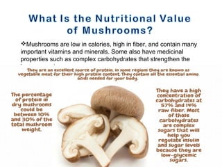 Mushrooms are low in calories, high in fiber, and contain many
important vitamins and minerals. Some also have medicinal
properties such as complex carbohydrates that strengthen the
immune system.
 