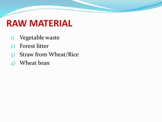 RAW MATERIAL
1) Vegetable waste
2) Forest litter
3) Straw from Wheat/Rice
4) Wheat bran
 