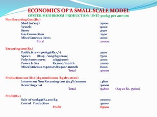 ECONOMICS OF A SMALL SCALE MODEL
OYSTER MUSHROOM PRODUCTION UNIT-500kg per annum
Non Recurring Cost(Rs.)
Shed (10’x15’) : 9000
Vessels :4000
Stove :2500
Gas Connection :2500
Miscellaneous items :2000
Total :20000
Recurring cost(Rs.)
Paddy Straw (500kg@Rs.5/-) :2500
Spawn (Rs15/-/100g/kg straw) :7500
Polythene covers 10kg@200/- :2000
Power & Gas Rs.1000/month :12000
Miscellaneous expenses Rs.500/-month :6000
Total :30000
Production cost (Rs) (1kg mushroom /kg dry straw)
Interest on Non Recurring cost @24%/annum : 4800
Recurring cost :30000
Total :34800 (Say as Rs. 35000)
Profit(Rs.)
Sale of 500kg@Rs.200/kg :100000
Cost of Production :35000
Profit :65000
 