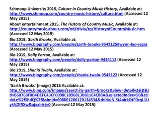 Schmoop University 2015, Culture in Country Music History, Available at:
http://www.shmoop.com/country-music-history/culture.html (Accessed 12
May 2015)
About entertainment 2015, The History of Country Music, Available at:
http://countrymusic.about.com/od/trivia/tp/HistoryofCountryMusic.htm
(Accessed 12 May 2015)
Bio 2015, Garth Brooks, Available at:
http://www.biography.com/people/garth-brooks-9542125#wynn-las-vegas
(Accessed 12 May 2015)
Bio 2015, Dolly Parton, Available at:
http://www.biography.com/people/dolly-parton-9434112 (Accessed 12
May 2015)
Bio 2015, Shania Twain, Available at:
http://www.biography.com/people/shania-twain-9542122 (Accessed 12
May 2015)
‘Garth Brooks’ [image] 2015 Available at:
http://www.bing.com/images/search?q=garth+brooks&view=detailv2&&&i
d=B60768F0B4DCFC43CF6098C1096813B811C4EB8A&selectedIndex=50&cci
d=Le%2fShdQ%2f&simid=608001266120134534&thid=JN.5t4oirkOtFDrqL1U
yk%2fRXw&ajaxhist=0 (Accessed 12 May 2015)
 