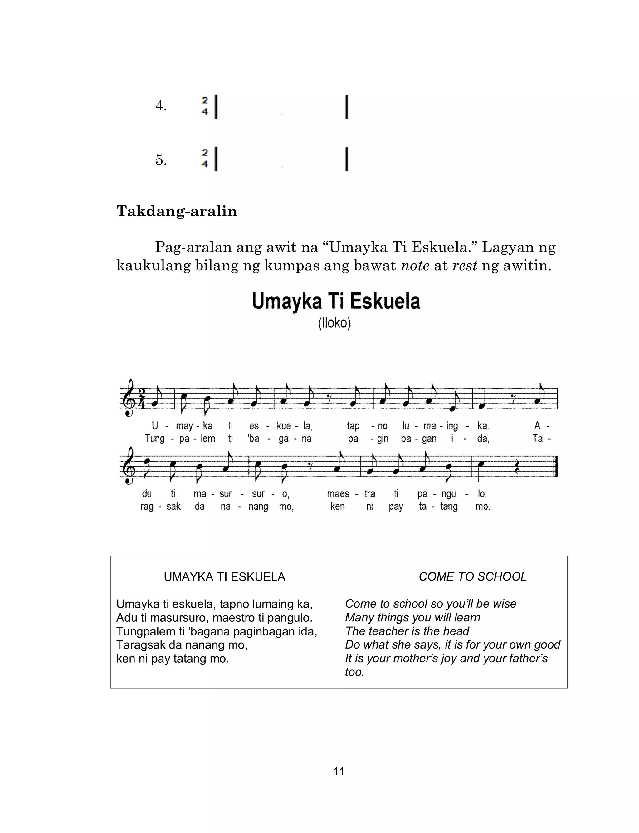11
4.
5.
Takdang-aralin
Pag-aralan ang awit na “Umayka Ti Eskuela.” Lagyan ng
kaukulang bilang ng kumpas ang bawat note at rest ng awitin.
UMAYKA TI ESKUELA
Umayka ti eskuela, tapno lumaing ka,
Adu ti masursuro, maestro ti pangulo.
Tungpalem ti ‘bagana paginbagan ida,
Taragsak da nanang mo,
ken ni pay tatang mo.
COME TO SCHOOL
Come to school so you’ll be wise
Many things you will learn
The teacher is the head
Do what she says, it is for your own good
It is your mother’s joy and your father’s
too.
 