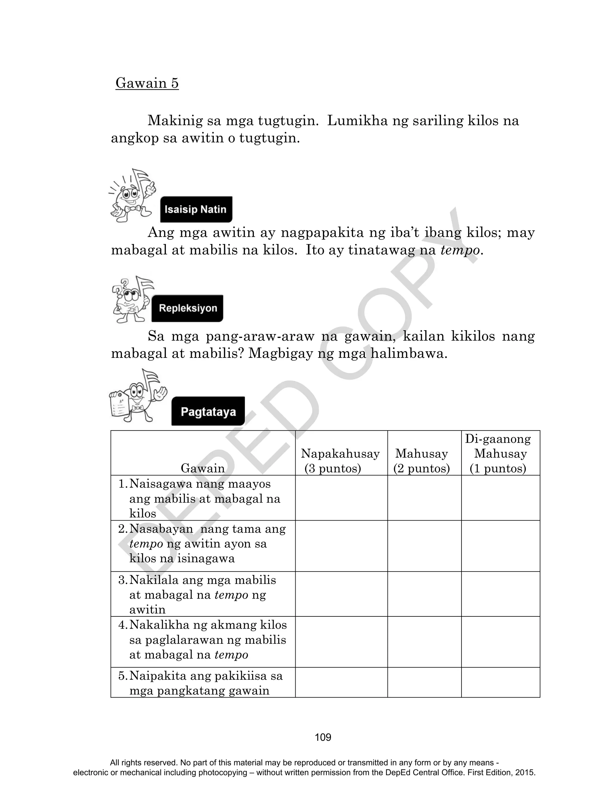 D
EPED
C
O
PY
109
Gawain 5
Makinig sa mga tugtugin. Lumikha ng sariling kilos na
angkop sa awitin o tugtugin.
Ang mga awitin ay nagpapakita ng iba’t ibang kilos; may
mabagal at mabilis na kilos. Ito ay tinatawag na tempo.
Sa mga pang-araw-araw na gawain, kailan kikilos nang
mabagal at mabilis? Magbigay ng mga halimbawa.
Gawain
Napakahusay
(3 puntos)
Mahusay
(2 puntos)
Di-gaanong
Mahusay
(1 puntos)
1.Naisagawa nang maayos
ang mabilis at mabagal na
kilos
2.Nasabayan nang tama ang
tempo ng awitin ayon sa
kilos na isinagawa
3.Nakilala ang mga mabilis
at mabagal na tempo ng
awitin
4.Nakalikha ng akmang kilos
sa paglalarawan ng mabilis
at mabagal na tempo
5.Naipakita ang pakikiisa sa
mga pangkatang gawain
All rights reserved. No part of this material may be reproduced or transmitted in any form or by any means -
electronic or mechanical including photocopying – without written permission from the DepEd Central Office. First Edition, 2015.
 
