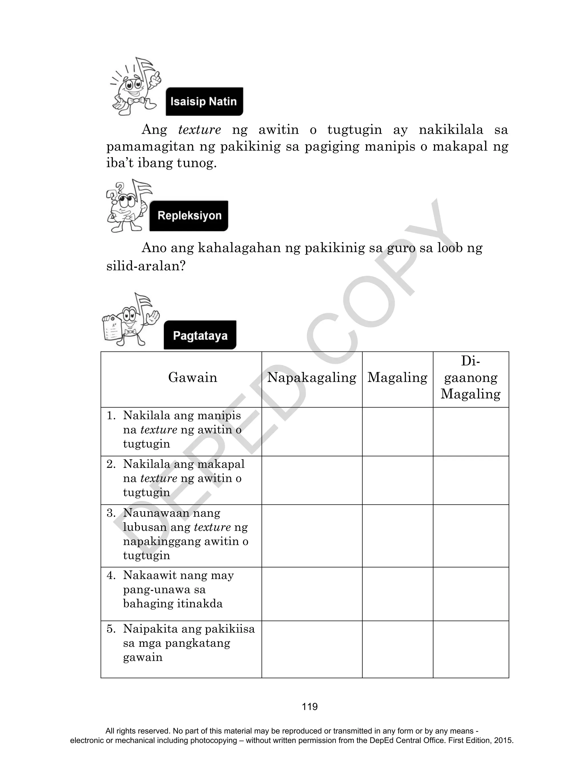 D
EPED
C
O
PY
119
Ang texture ng awitin o tugtugin ay nakikilala sa
pamamagitan ng pakikinig sa pagiging manipis o makapal ng
iba’t ibang tunog.
Ano ang kahalagahan ng pakikinig sa guro sa loob ng
silid-aralan?
Gawain Napakagaling Magaling
Di-
gaanong
Magaling
1. Nakilala ang manipis
na texture ng awitin o
tugtugin
2. Nakilala ang makapal
na texture ng awitin o
tugtugin
3. Naunawaan nang
lubusan ang texture ng
napakinggang awitin o
tugtugin
4. Nakaawit nang may
pang-unawa sa
bahaging itinakda
5. Naipakita ang pakikiisa
sa mga pangkatang
gawain
All rights reserved. No part of this material may be reproduced or transmitted in any form or by any means -
electronic or mechanical including photocopying – without written permission from the DepEd Central Office. First Edition, 2015.
 