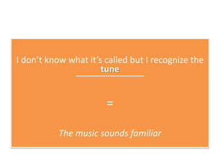 I don’t know what it’s called but I recognize the
______________
=
The music sounds familiar
tune
 
