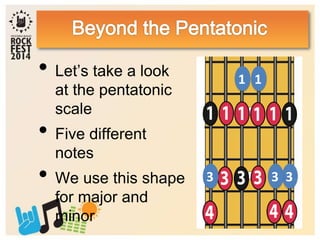 • Let’s take a look
at the pentatonic
scale
• Five different
notes
• We use this shape
for major and
minor
3 3 3
1 1
 