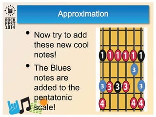 • Now try to add
these new cool
notes!
• The Blues
notes are
added to the
pentatonic
scale!
3
3
3
 