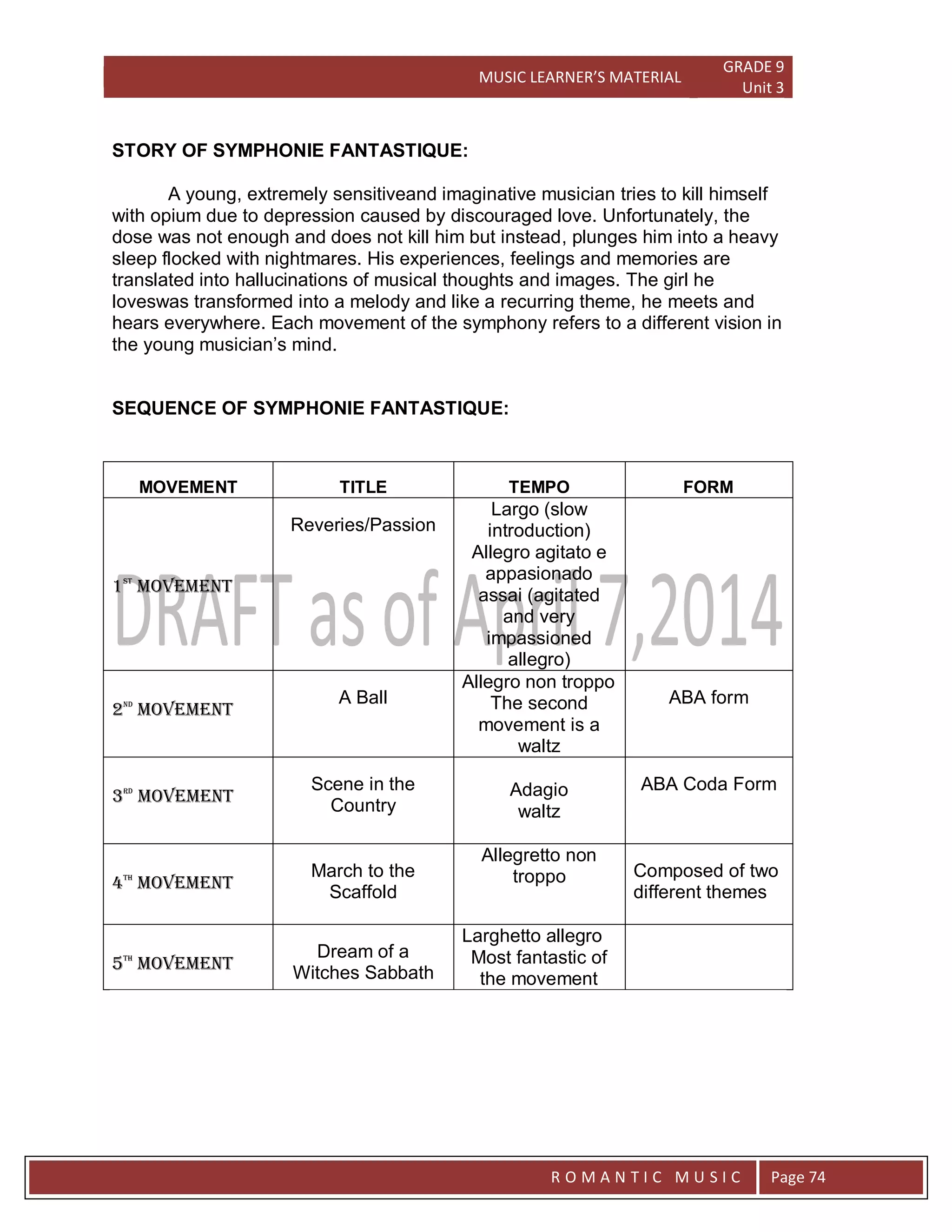 MUSIC LEARNER’S MATERIAL
GRADE 9
Unit 3
RO
R O M A N T I C M U S I C Page 74
STORY OF SYMPHONIE FANTASTIQUE:
A young, extremely sensitiveand imaginative musician tries to kill himself
with opium due to depression caused by discouraged love. Unfortunately, the
dose was not enough and does not kill him but instead, plunges him into a heavy
sleep flocked with nightmares. His experiences, feelings and memories are
translated into hallucinations of musical thoughts and images. The girl he
loveswas transformed into a melody and like a recurring theme, he meets and
hears everywhere. Each movement of the symphony refers to a different vision in
the young musician’s mind.
SEQUENCE OF SYMPHONIE FANTASTIQUE:
MOVEMENT TITLE TEMPO FORM
1ST
MOVEMENT
Reveries/Passion
Largo (slow
introduction)
Allegro agitato e
appasionado
assai (agitated
and very
impassioned
allegro)
2ND
MOVEMENT
A Ball
Allegro non troppo
The second
movement is a
waltz
ABA form
3RD
MOVEMENT
Scene in the
Country
Adagio
waltz
ABA Coda Form
4TH
MOVEMENT
March to the
Scaffold
Allegretto non
troppo Composed of two
different themes
5TH
MOVEMENT
Dream of a
Witches Sabbath
Larghetto allegro
Most fantastic of
the movement
 