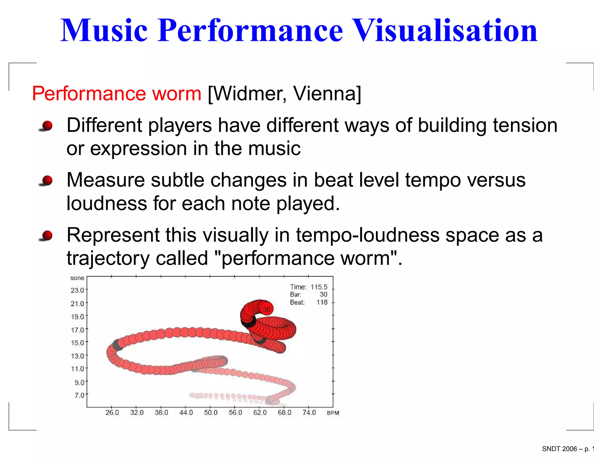 Music Performance Visualisation
Performance worm [Widmer, Vienna]
   Different players have different ways of building tension
   or expression in the music
   Measure subtle changes in beat level tempo versus
   loudness for each note played.
   Represent this visually in tempo-loudness space as a
   trajectory called "performance worm".




                                                          SNDT 2006 – p. 1
 