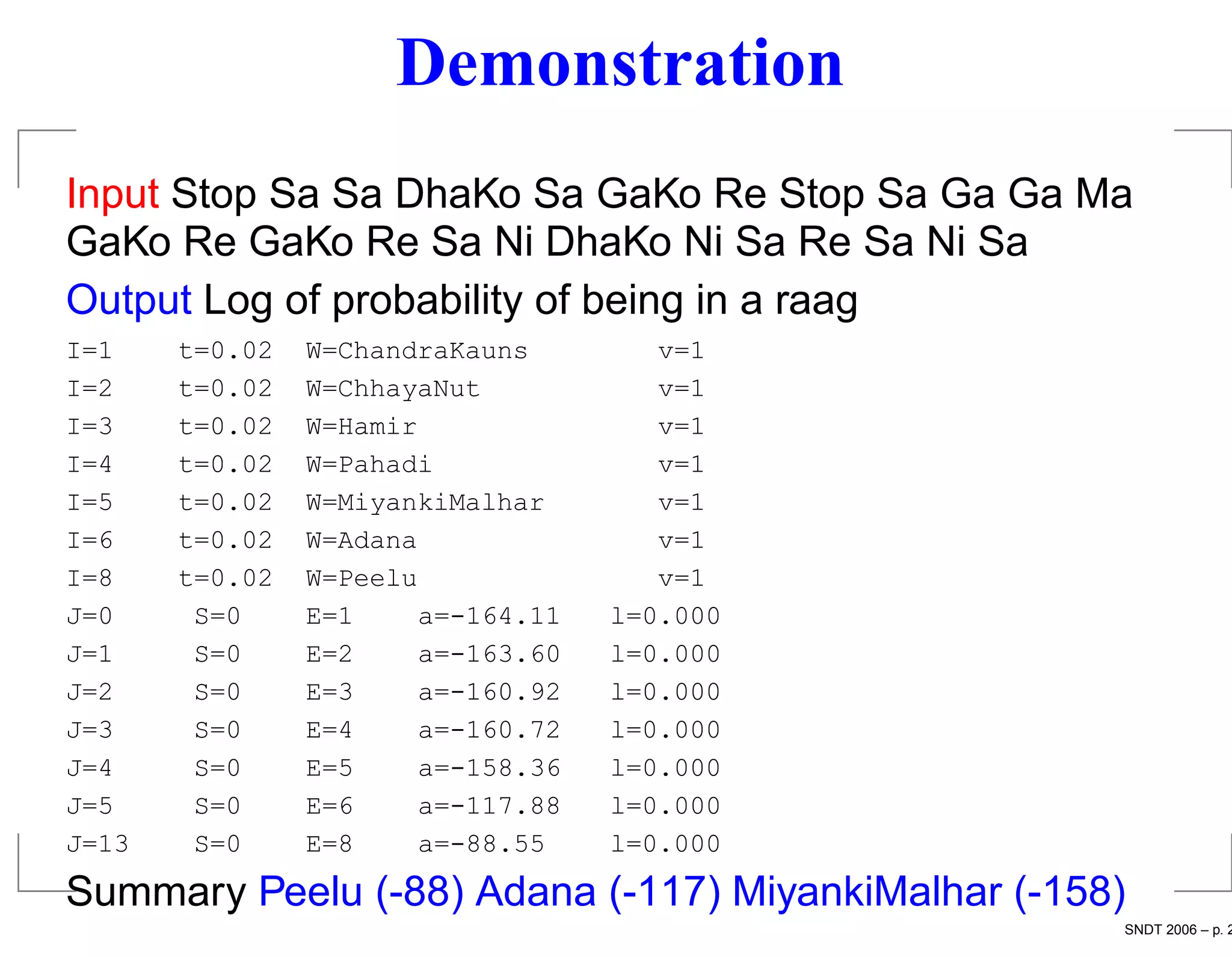 Demonstration
Input Stop Sa Sa DhaKo Sa GaKo Re Stop Sa Ga Ga Ma
GaKo Re GaKo Re Sa Ni DhaKo Ni Sa Re Sa Ni Sa
Output Log of probability of being in a raag
I=1    t=0.02   W=ChandraKauns         v=1
I=2    t=0.02   W=ChhayaNut            v=1
I=3    t=0.02   W=Hamir                v=1
I=4    t=0.02   W=Pahadi               v=1
I=5    t=0.02   W=MiyankiMalhar        v=1
I=6    t=0.02   W=Adana                v=1
I=8    t=0.02   W=Peelu                v=1
J=0     S=0     E=1     a=-164.11   l=0.000
J=1     S=0     E=2     a=-163.60   l=0.000
J=2     S=0     E=3     a=-160.92   l=0.000
J=3     S=0     E=4     a=-160.72   l=0.000
J=4     S=0     E=5     a=-158.36   l=0.000
J=5     S=0     E=6     a=-117.88   l=0.000
J=13    S=0     E=8     a=-88.55    l=0.000

Summary Peelu (-88) Adana (-117) MiyankiMalhar (-158)
                                                    SNDT 2006 – p. 2
 
