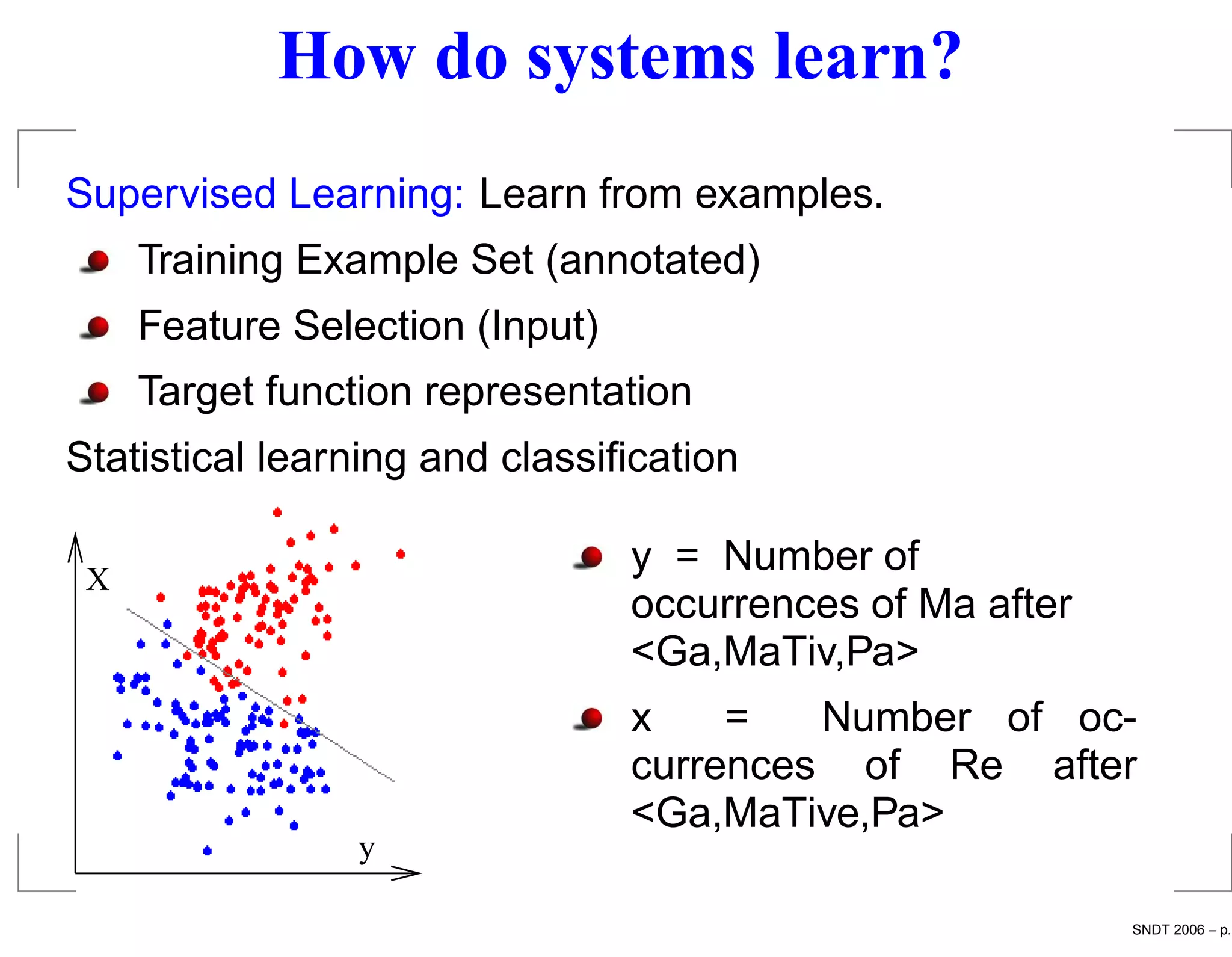 How do systems learn?
Supervised Learning: Learn from examples.
     Training Example Set (annotated)
     Feature Selection (Input)
     Target function representation
Statistical learning and classiﬁcation

 X
                                 y = Number of
                                 occurrences of Ma after
                                 <Ga,MaTiv,Pa>
                                 x    =   Number of oc-
                                 currences of Re after
                                 <Ga,MaTive,Pa>
                y

                                                           SNDT 2006 – p.
 