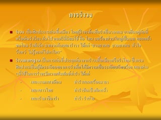 การราวง 
 ราวง เป็นศิลปะการเล่นพื้นเมือง โดยผู้ราจะต้องยืนราเป็นวงกลม อาจยืนอยู่กับที่ 
หรือเดินราเรียง กันไป ดนตรีที่นิยมใช้ คือ โทน บทร้องส่วนใหญ่เป็นบท หยอกเย้า 
ชมโฉม ราพันรัก บทจากกันเพลงราวง ได้แก่ “ยวนยาเหล ยวนยาเหล หัวใจ 
ว้าเหว่ไม่รู้จะเห่ไปหาใคร” 
 ราวงมาตรฐาน เป็นการเล่นที่ประยุกต์มาจากราวงพื้นเมืองหรือราโทน ซึ่งกรม 
ศิลปากรเป็นผู้จัดระเบียบของการราเพื่อให้มีความเป็นระเบียบเรียบร้อย เพลงต่าง 
ๆที่ใช้ในการราจะมีความสัมพันธ์ท่ารา ได้แก่ 
- เพลงงามแสงเดือน ท่าราสอดสร้อยมาลา 
- เพลงชาวไทย ท่าราชักแป้งผัดหน้า 
- เพลงรามาซิมารา ท่ารา ราส่าย 
 